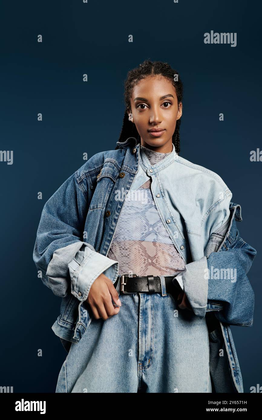 Una giovane donna modella con fiducia l'abbigliamento moderno, mettendo in risalto il suo stile e il suo fascino unici. Foto Stock