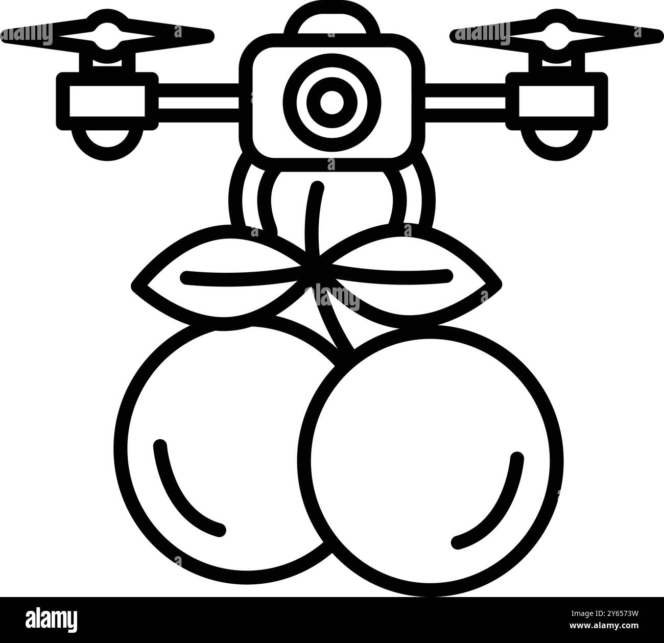 Un disegno di cartone animato di un drone con un drone attaccato ad esso, e un gambo verde foglia. Il drone sta sorvolando due arance, anch'esse raffigurate in t Illustrazione Vettoriale