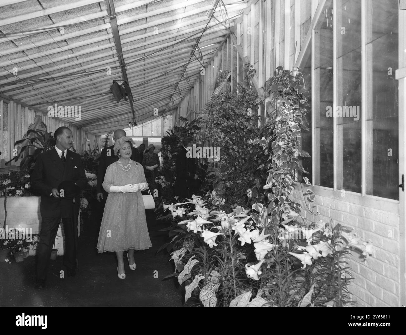 La Regina madre visitò vari vivai della Lea Valley Growers' Association , Cheshunt , Hertfordshire , e qui fu vista sorridere con piacere ad una variegata esposizione di fiori tropicali . 30 giugno 1959 Foto Stock