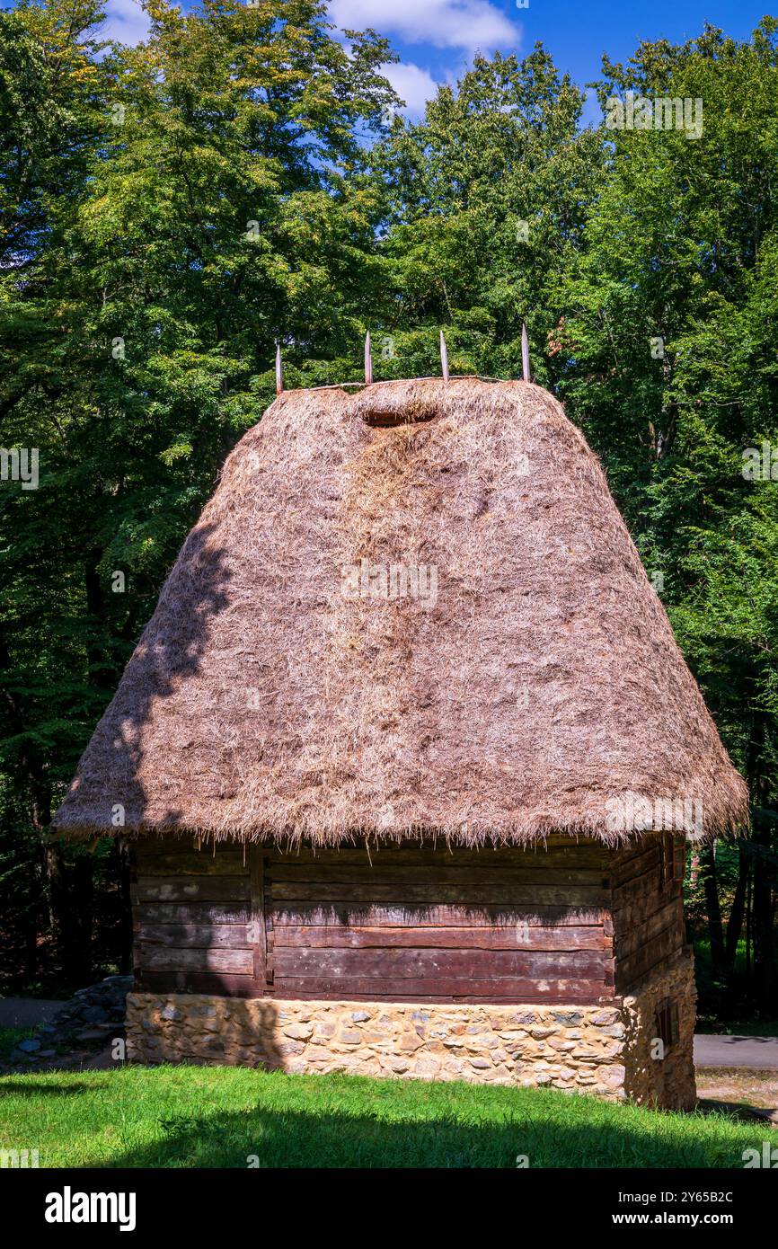 Fienile rurale tradizionale rumeno per fieno, Museo ASTRA, Sibiu, Transilvania, Romania Foto Stock