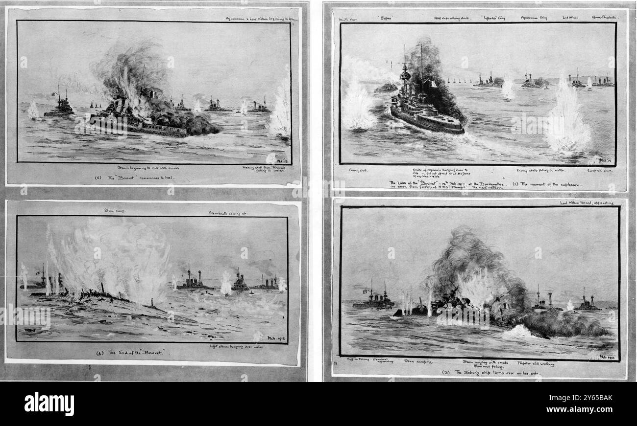 L'affondamento del Bouvet nei Dardanelli; il disastro si delineò dalla parte anteriore della HMS Triumph. Dal momento dell'esplosione all'ultimo tuffo della corazzata francese condannata; quattro fasi di una tragedia di tre minuti del mare . 1915 Foto Stock