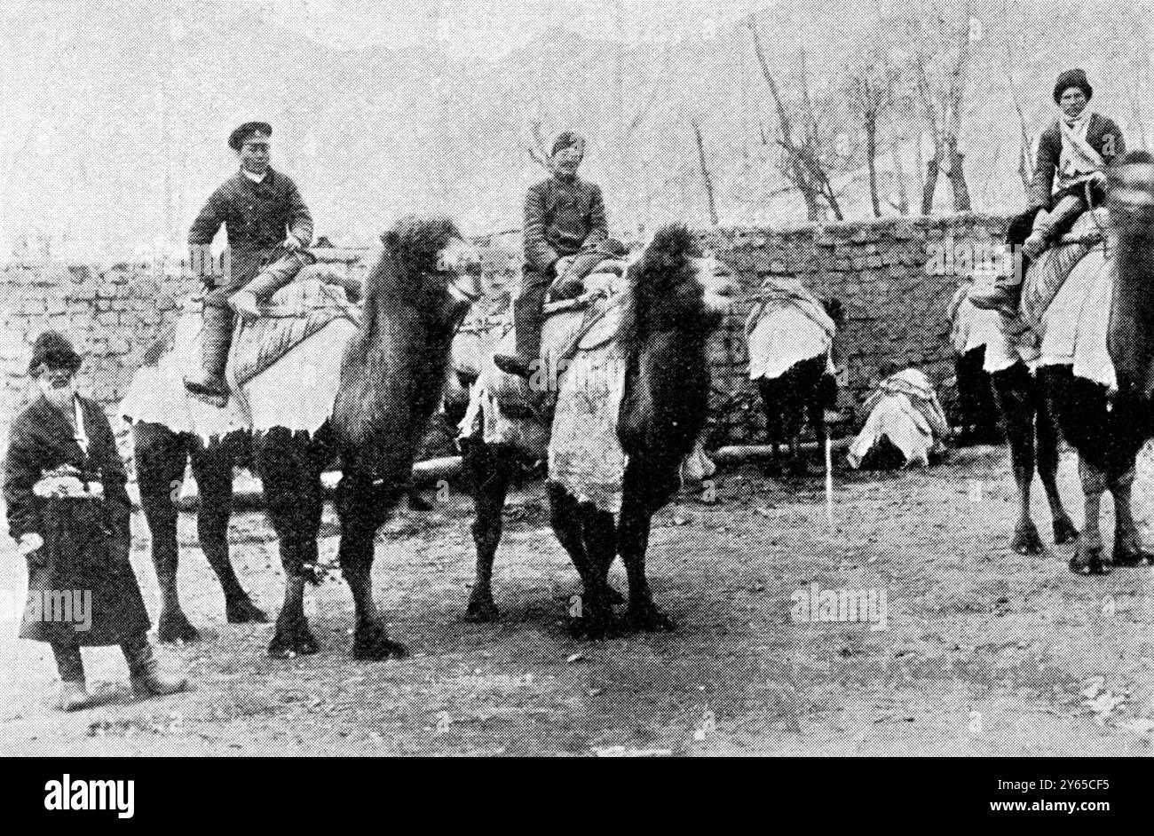 Un esploratore ha riferito di aver perso e ritrovato di nuovo : Sven Hedin . Il viaggiatore svedese è stato riportato perduto qualche giorno fa , ma ora viene annunciato che è vivo e vegeto . La fotografia scattata durante uno dei suoi viaggi in Tibet mostra l' esploratore tra due cosacchi . 15 agosto 1908 Foto Stock