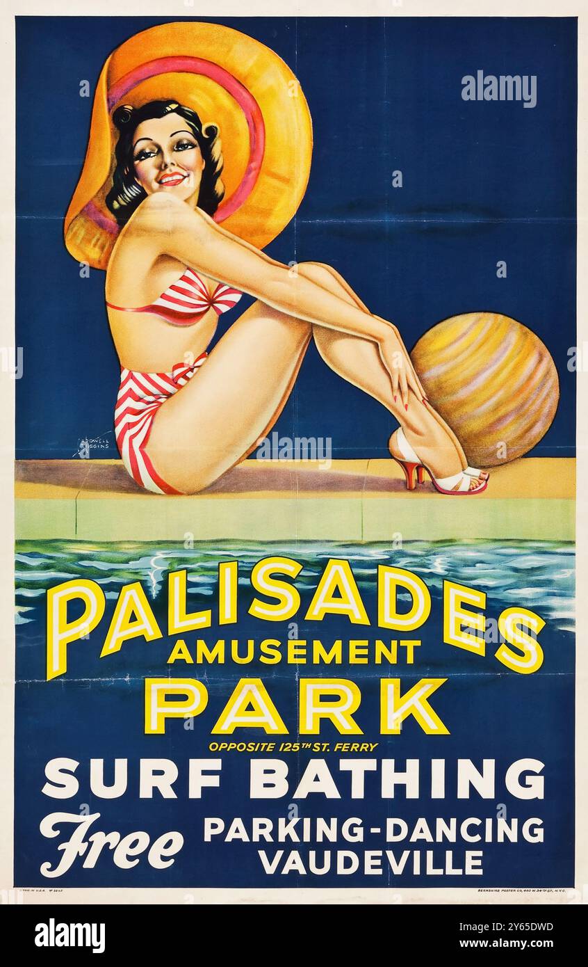 American Advertising poster feat. A pinup - Palisades Amusement Park, Surf Bathing (Berkshire Printing, 1937) opera di Cardwell S. Higgins Foto Stock