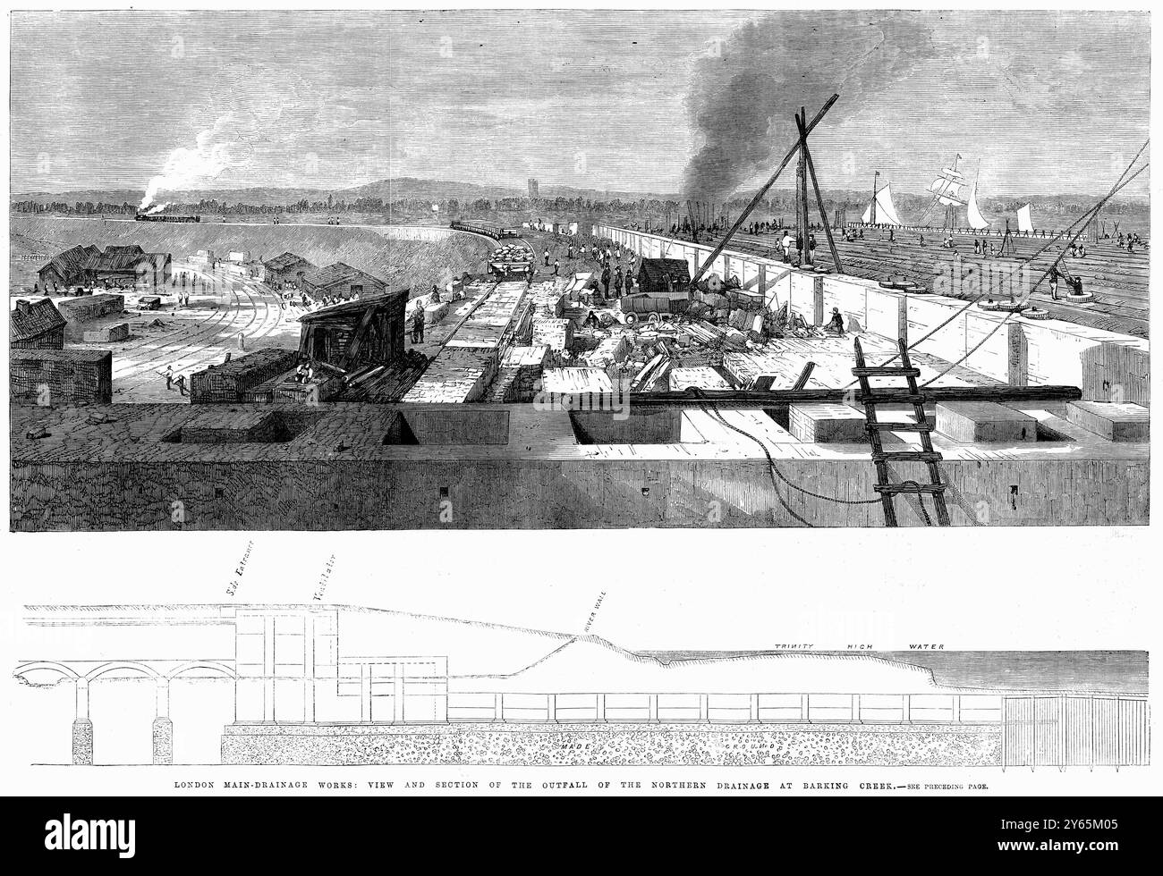Principali opere di drenaggio di Londra; veduta e sezione del deflusso del drenaggio settentrionale a Barking Creek . 1864 Foto Stock