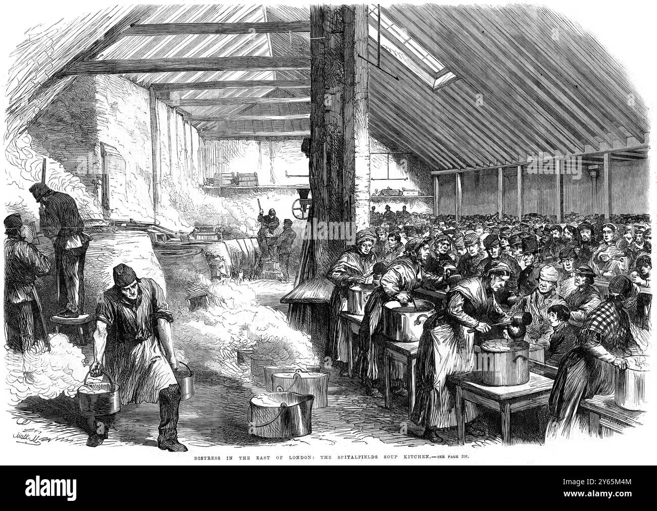 Distress in East of London : The Spitalfields Soup Kitchen 1867 Foto Stock