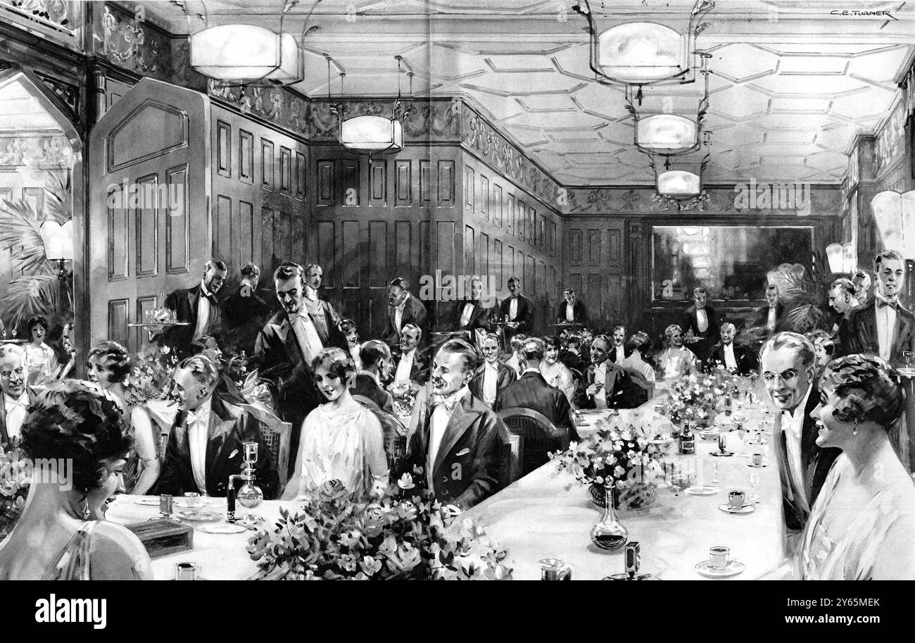 La sala banchetti rivestita di rovere del ristorante Kettner's di Soho , Londra 7 agosto 1926 disegnata da Charles E. Turner (d.1963) Foto Stock