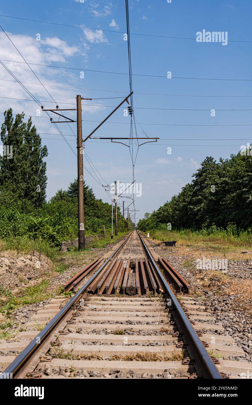 Un tranquillo paesaggio rurale in Georgia evidenziato da una ferrovia dritta fiancheggiata da vibranti alberi verdi sotto un cielo blu limpido, che riflette un tranquillo, undi Foto Stock