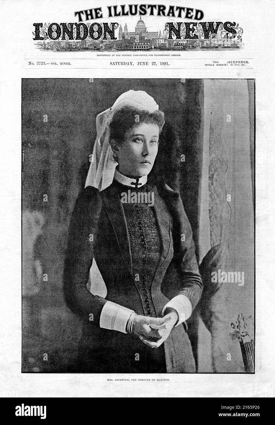 Prima di copertina del Illustrated London News 27 giugno 1891 con una fotografia della signora Grimwood, l'eroina di Manipur. Le fu concessa una pensione di 140 sterline all'anno, una sovvenzione di 1000 sterline e l'ordine della Croce Rossa dalla regina Vittoria dopo aver rischiato la vita per prendersi cura dei morti e dei feriti durante l'ammutinamento nello Stato indiano. Foto Stock