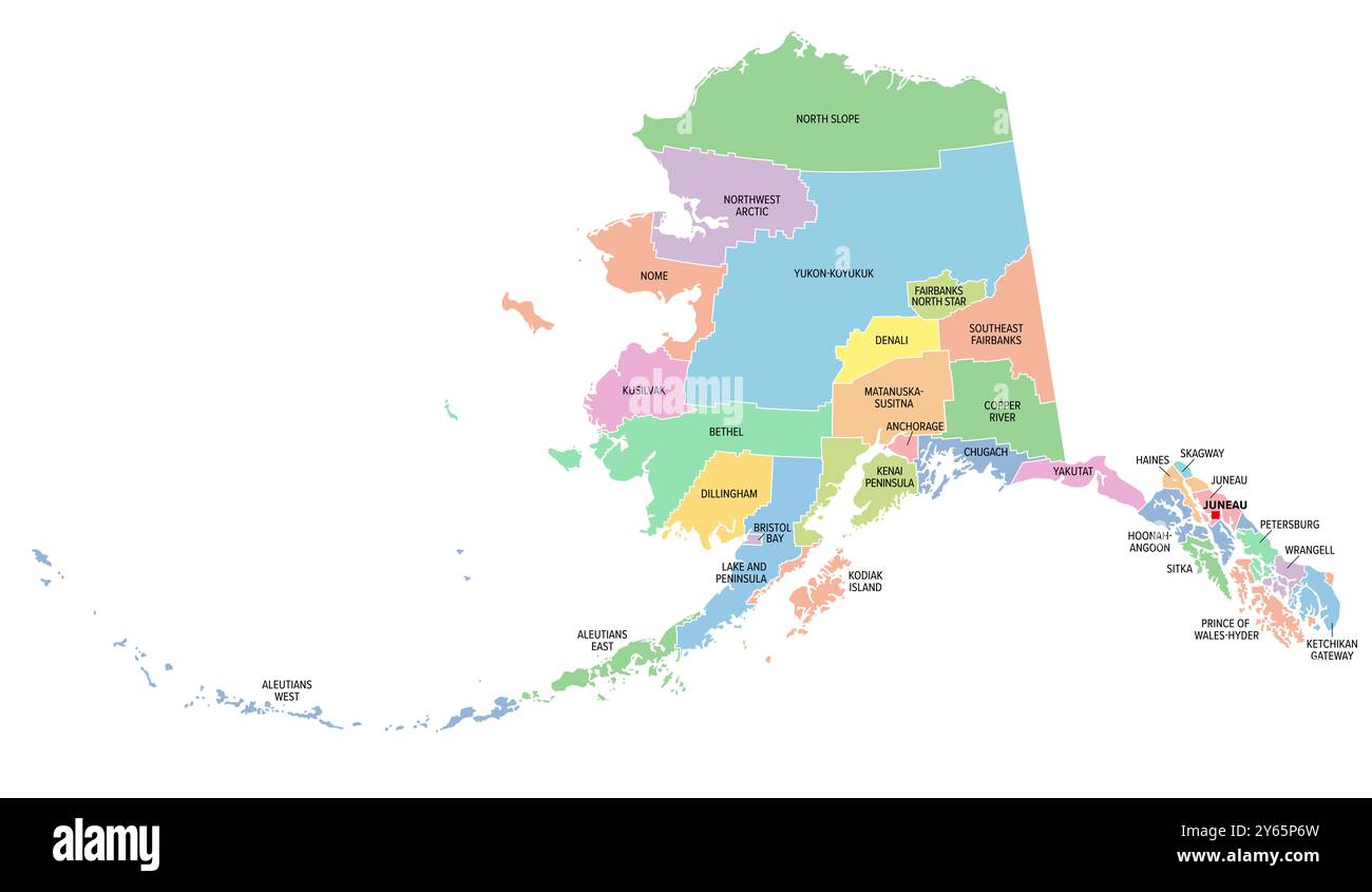Alaska, stato degli Stati Uniti, suddiviso in 19 quartieri organizzati e 11 aree di censimento, mappa politica multicolore. Foto Stock