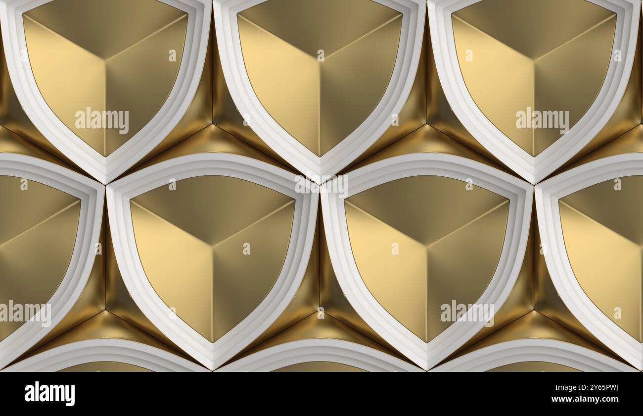 Sofisticata illustrazione digitale con un motivo senza cuciture di triangoli dorati racchiusi in bordi bianchi, che rende un eff a stella tridimensionale Foto Stock