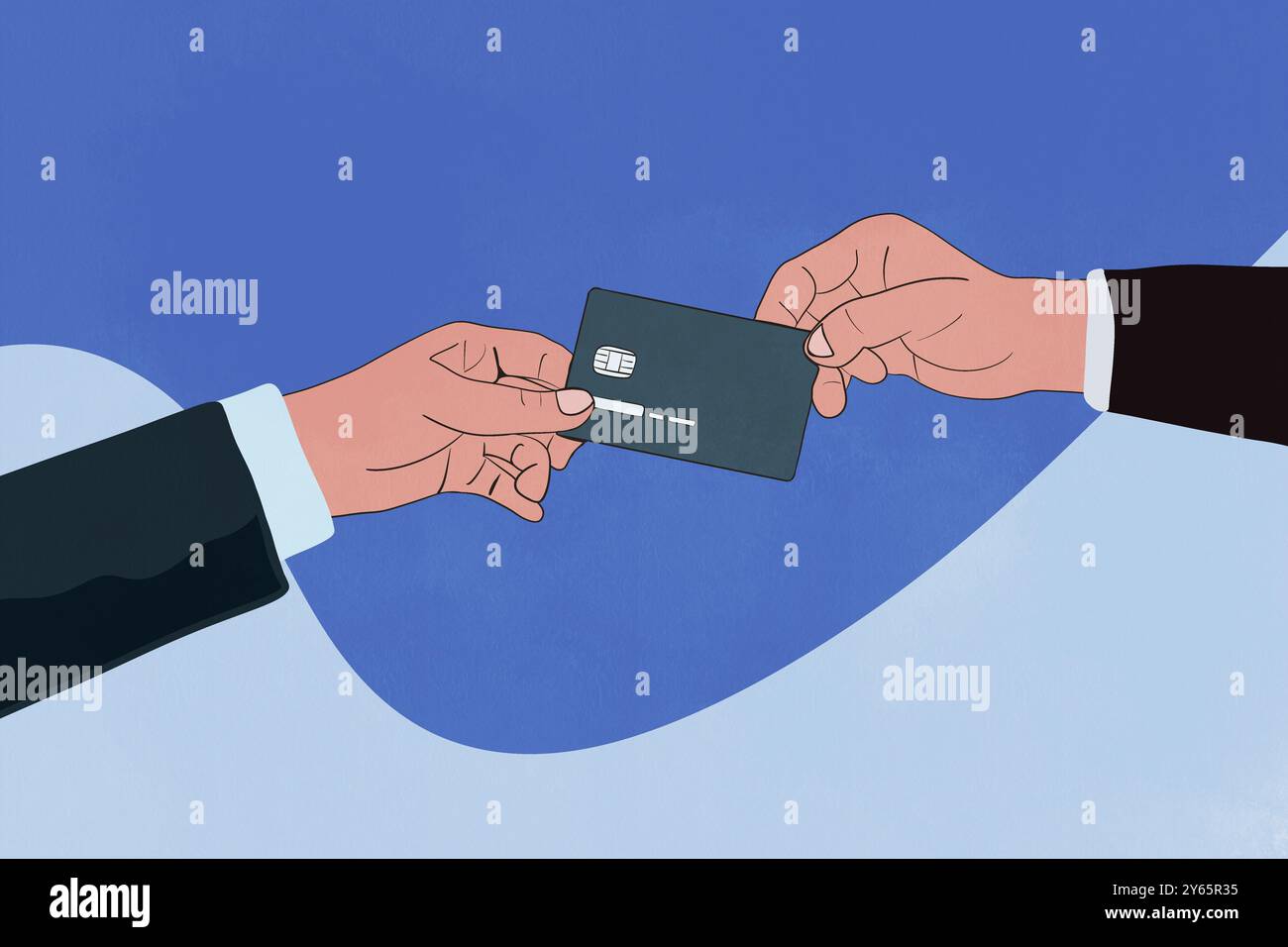 Immagine di due mani che scambiano una carta di credito, impostata su un semplice sfondo blu l'immagine rappresenta transazioni finanziarie, carta di credito o debito Foto Stock