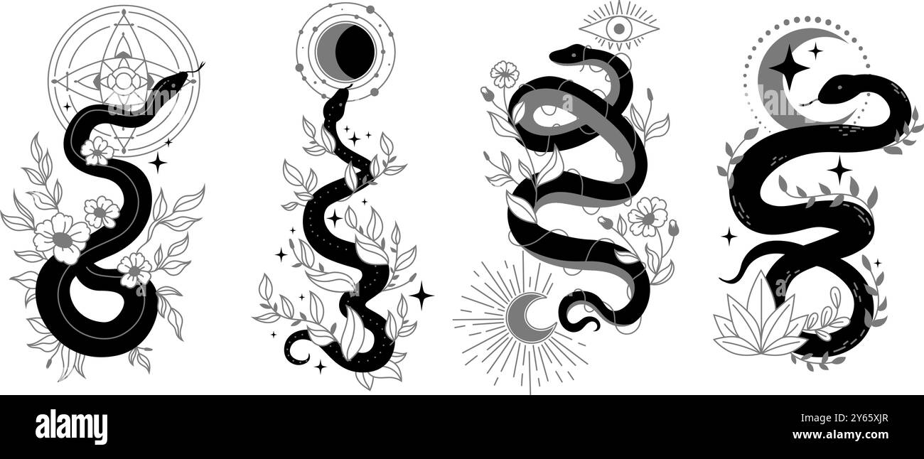 Serpenti mistici. Logo nero serpente simboli occulti esoterici, tatuaggio a stella del serpente e della luna magia celeste spirituale elementi boho della strega astrologia alla moda ingegnosa illustrazione vettoriale opera d'arte originale Illustrazione Vettoriale