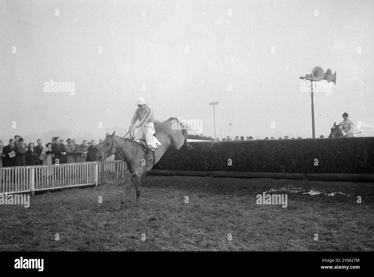 Grand National, ingresso al Rose Park, recinzioni, di proprietà del sig. Guy G. Lawrence guidato da M. Scudamore all'Aintree Liverpool. 8 febbraio 1957 Foto Stock