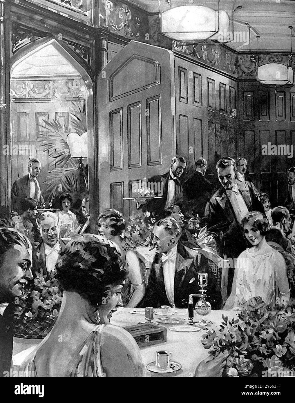 La sala banchetti con pannelli in quercia del Kettner's, Londra. 7 agosto 1926 Foto Stock