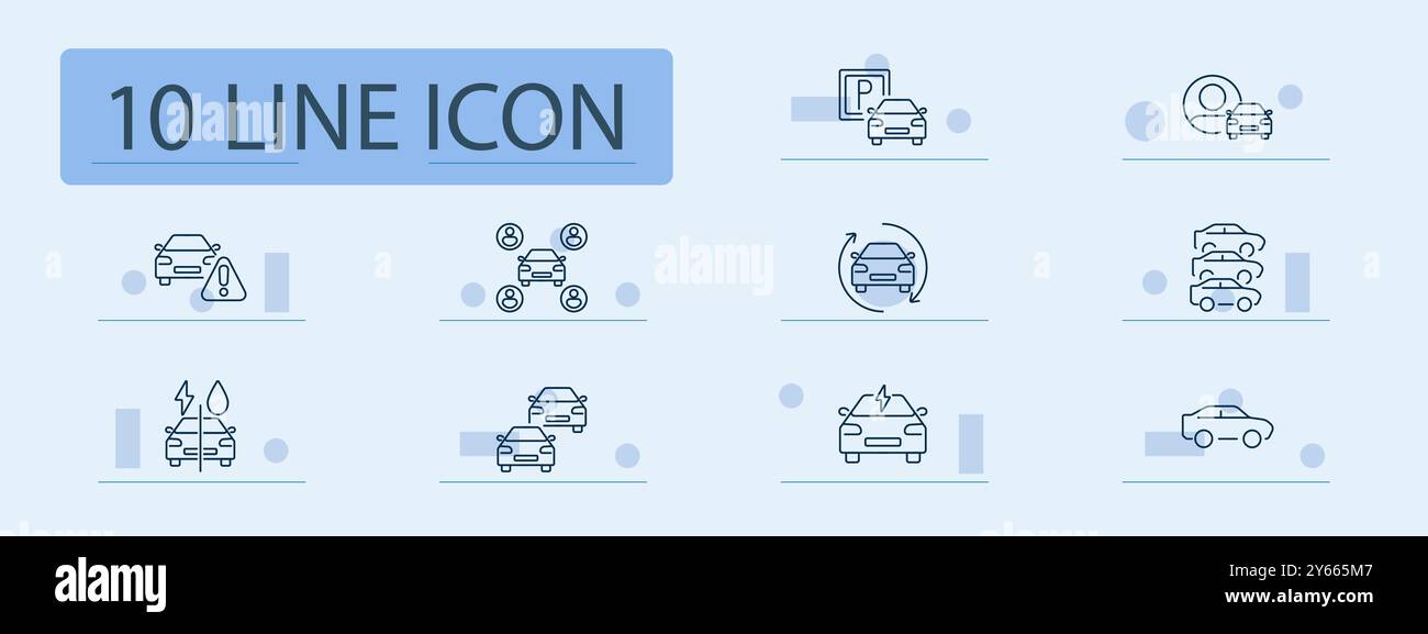 Icona del set automobile. Avviso auto, parcheggio, parcheggio, parcheggio, veicolo elettrico, autolavaggio, parco auto, cambio auto, servizi per veicoli, auto, trasporto condiviso Illustrazione Vettoriale