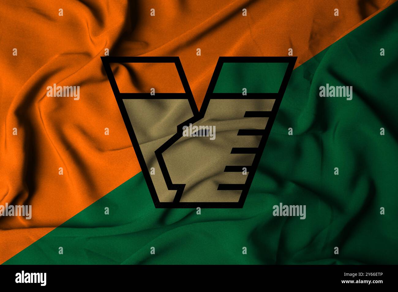 Pringsewu, Lampung 24 settembre 2024; texture del logo Selective Focus flag su sfondo Venezia FC. Bandiera della squadra di calcio di serie A italiana. Illustrazione 3D. Foto Stock