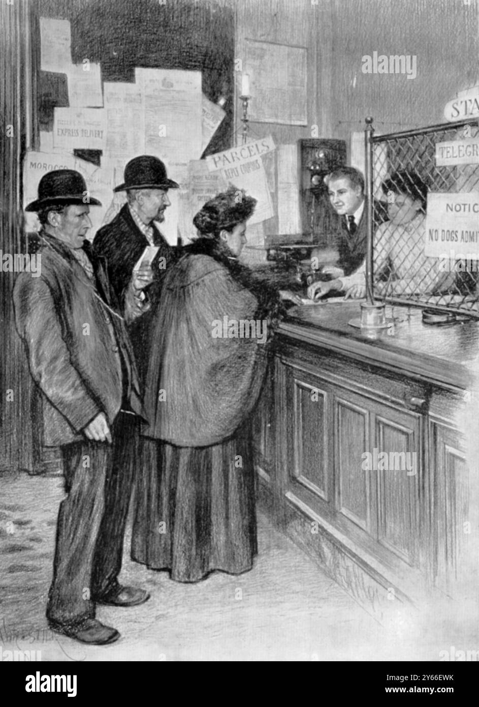 Veterans of Labour's Army Pension Day State Bounty per gli anziani che presentano assegni per la prima rata settimanale delle loro pensioni di vecchiaia all'ufficio postale. 1909 Foto Stock