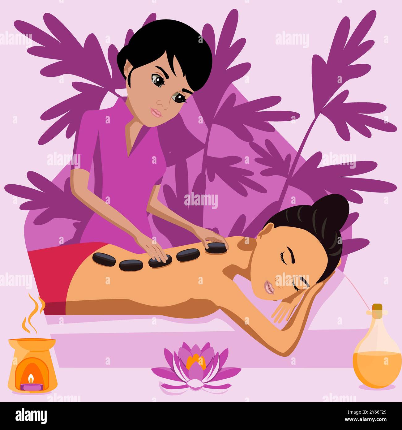 Massaggio Hot Stone. Terapia e trattamento da parte di terapisti professionisti nella SPA. Illustrazione del vettore piatto isolato. Etnia indiana e orientale. Illustrazione Vettoriale