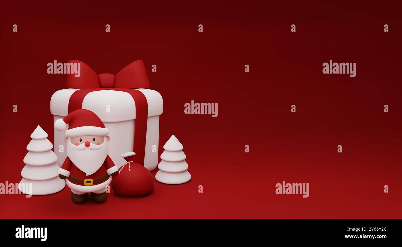 Babbo Natale e una confezione regalo bianca con un fiocco rosso si trovano su uno sfondo rosso. Carattere allegro. Il concetto di un banner natalizio con uno spazio di copia. Ve. 3D. Illustrazione Vettoriale