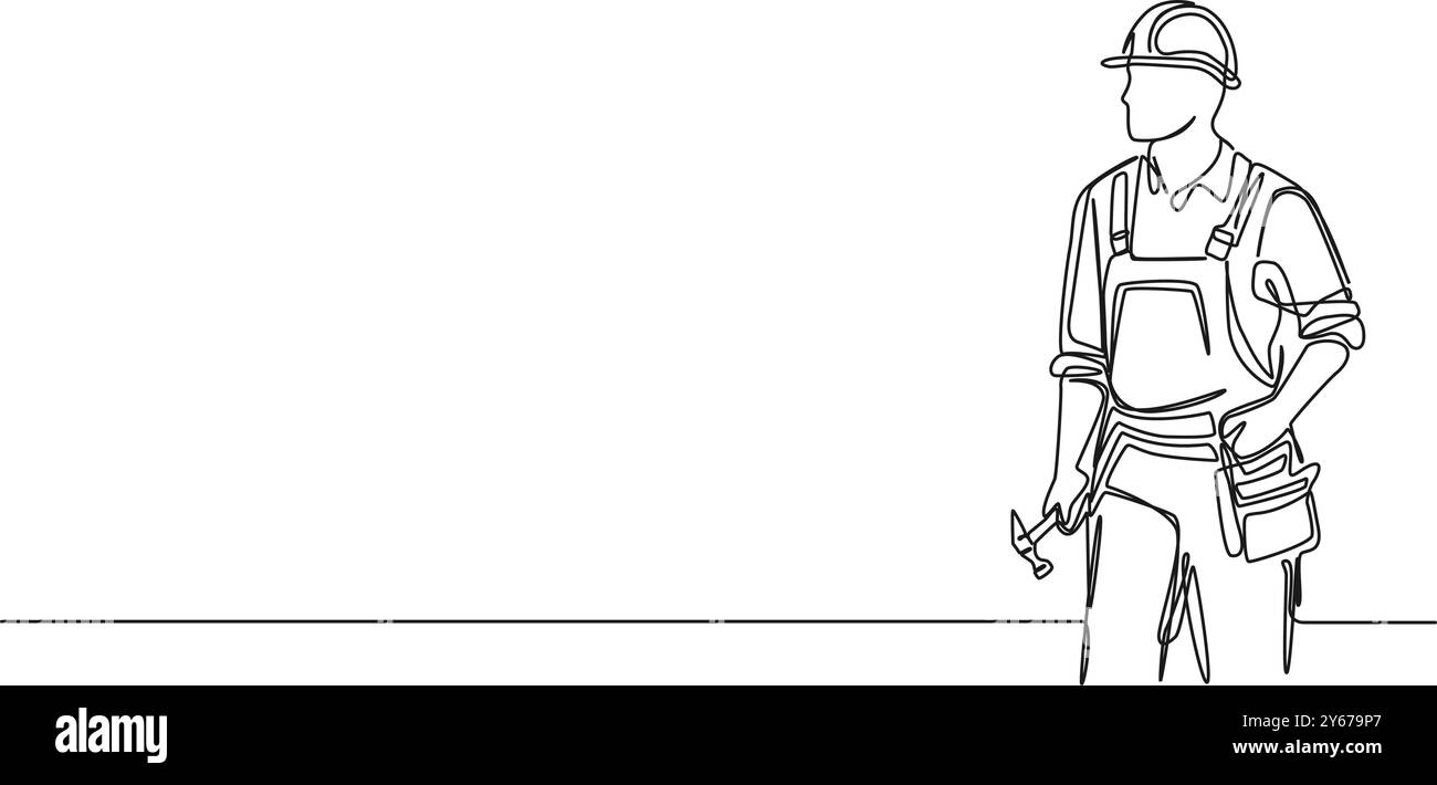 disegno continuo a linea singola del lavoratore edile con elmetto, illustrazione vettoriale line art Illustrazione Vettoriale
