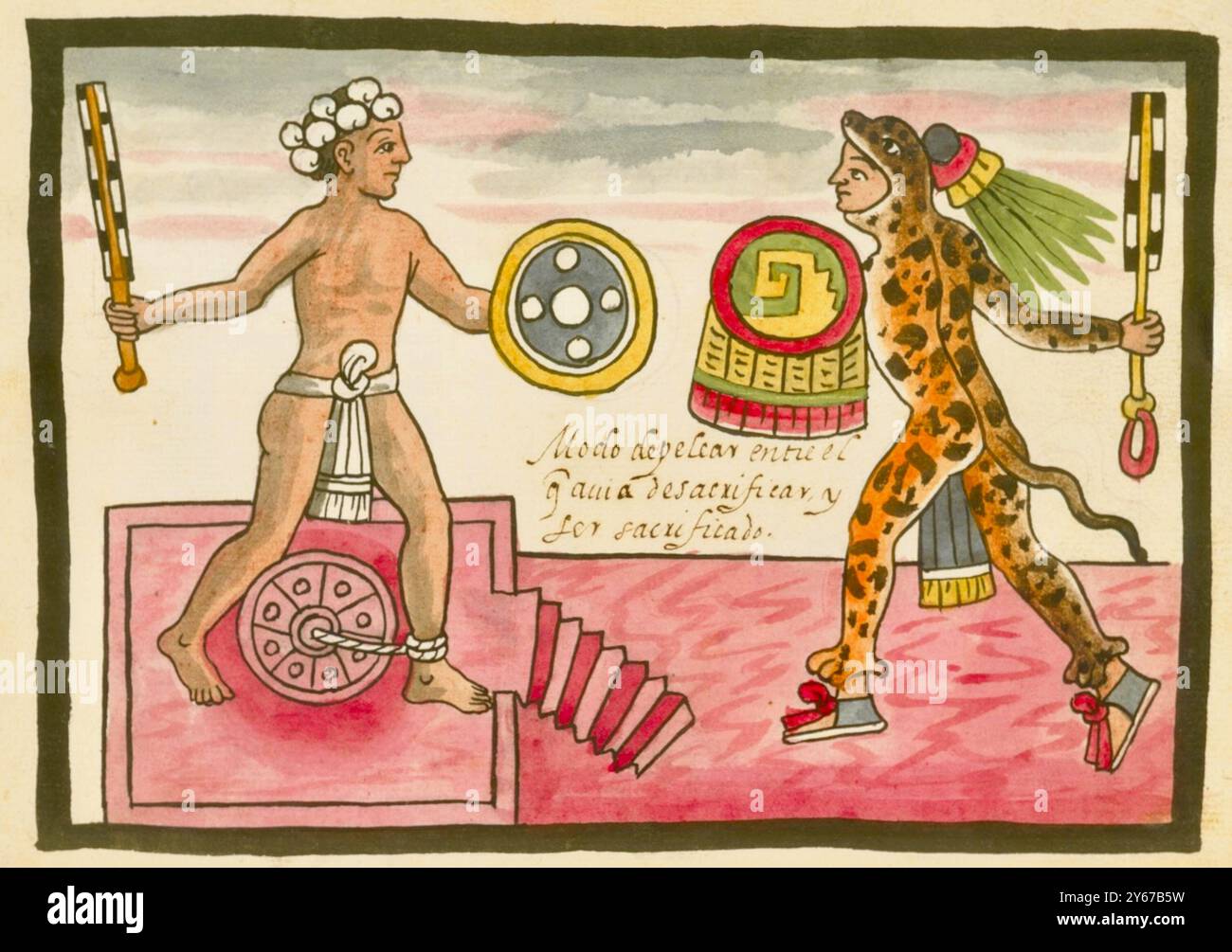 Codex Tovar - rito sacrificale gladiatorio, celebrato durante la festa di Tlacaxipehualiztli - c1585 Foto Stock