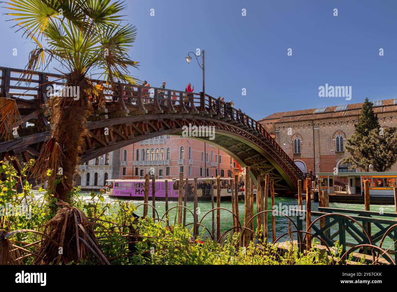 Persone in piedi sul Ponte dell'Accademia , un ponte di legno che attraversa il Canal grande nel sestiere Dorsoduro di Venezia Foto Stock