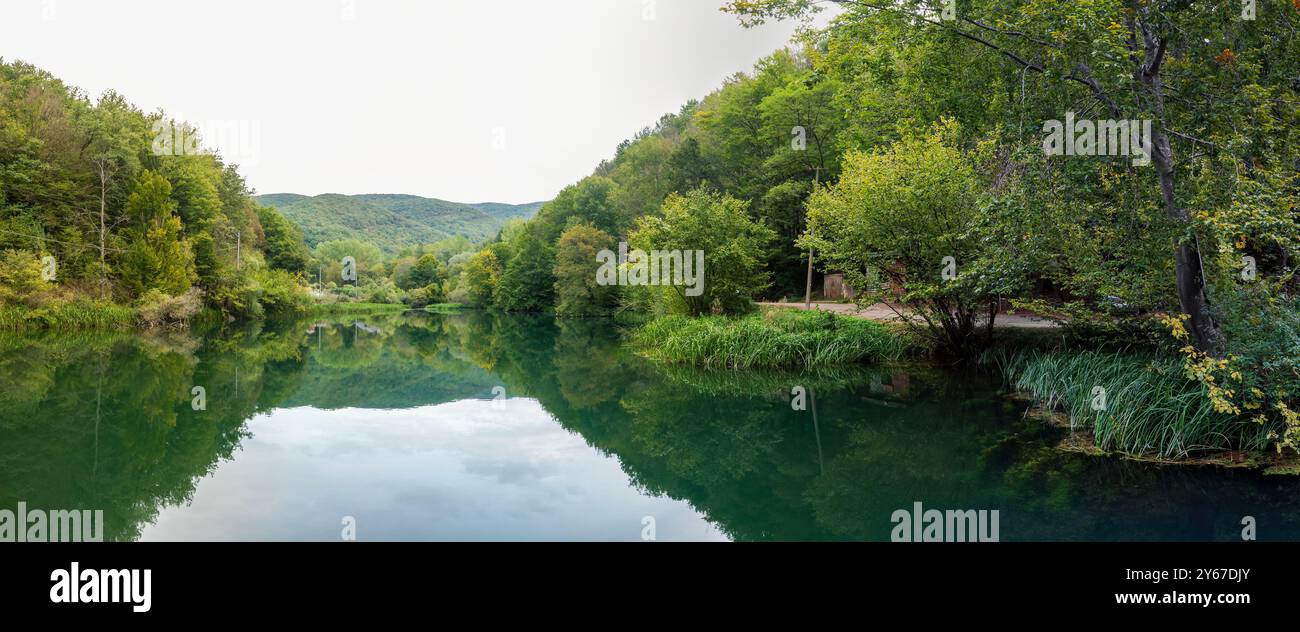 Una vista panoramica del lago circondata dalla foresta alla sorgente del fiume Grza Foto Stock
