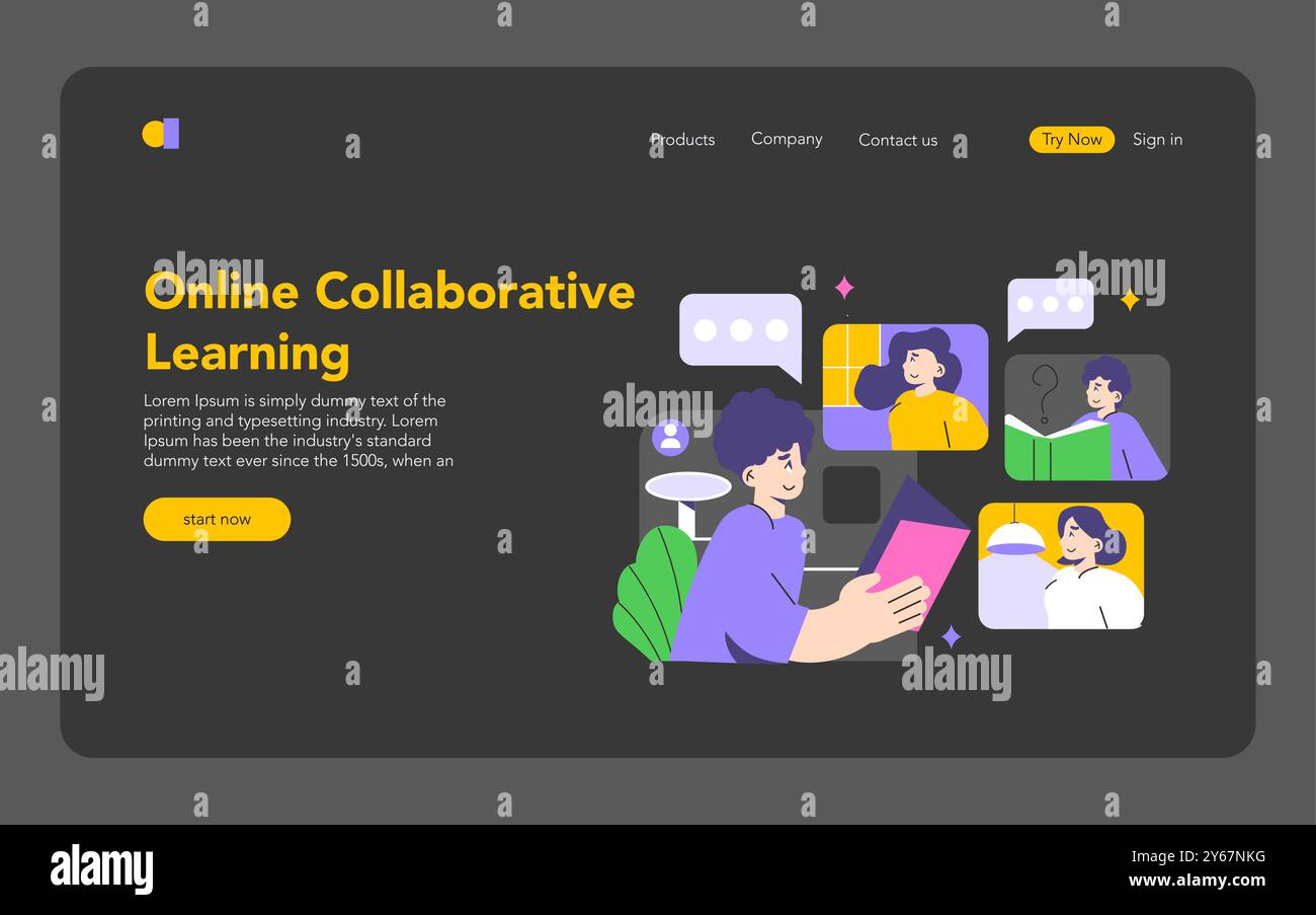 Concetto di apprendimento collaborativo. Gli studenti si impegnano in un'istruzione online interattiva. Moderna piattaforma di e-learning per la crescita accademica. Illustrazione vettoriale. Illustrazione Vettoriale