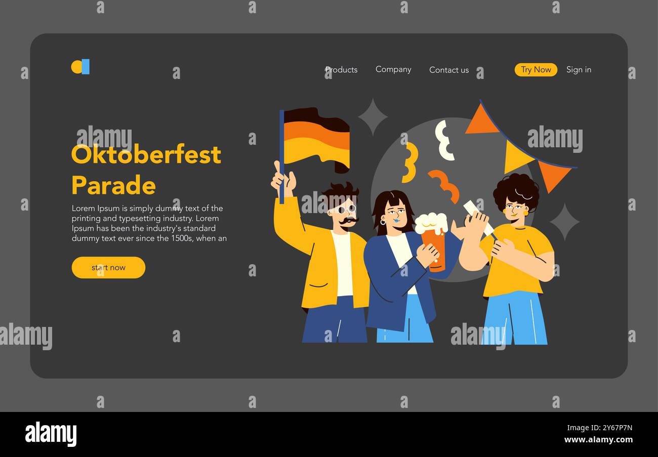 Concetto di celebrazione dell'Oktoberfest. Gli amici potranno gustare birra tradizionale e sfilate, trasudando lo spirito culturale tedesco. Divertimento, cameratismo e allegria in un abbigliamento colorato. Illustrazione vettoriale. Illustrazione Vettoriale