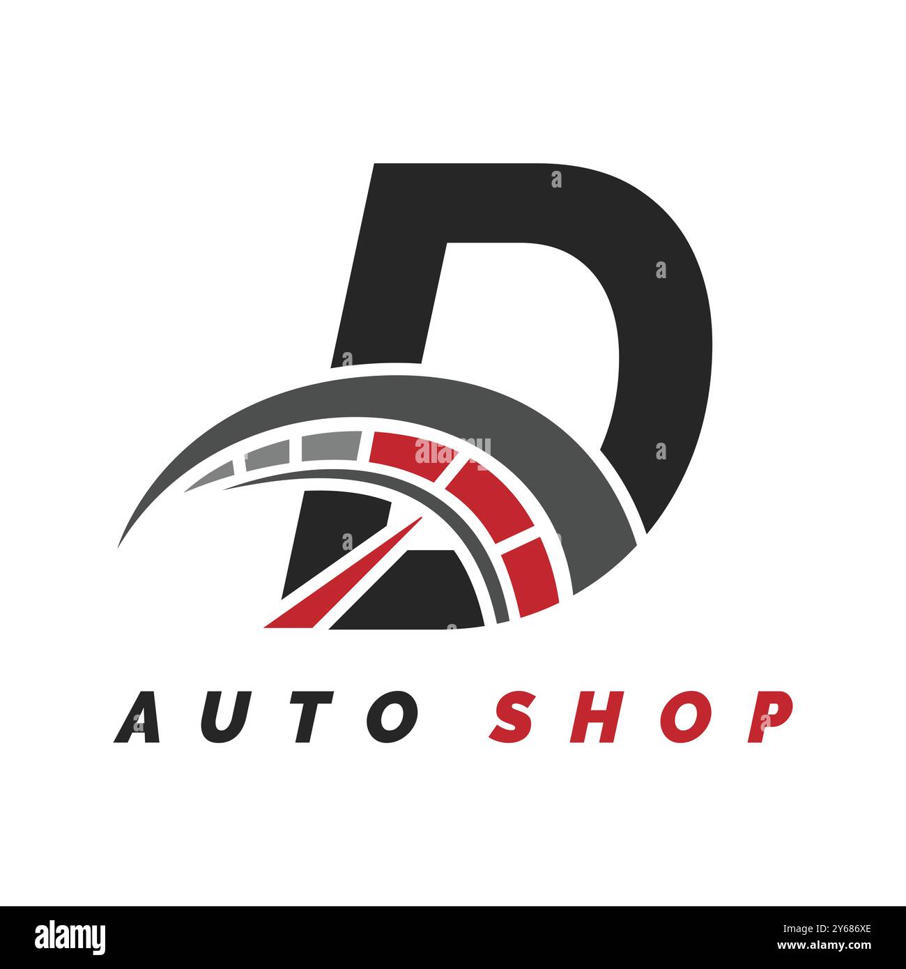 Lettera D logo meccanico automatico con tachimetro. Icona di design del tachimetro per uso automobilistico dell'alfabeto D. Illustrazione Vettoriale