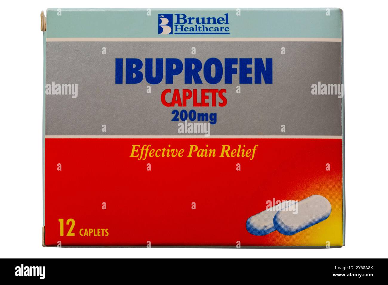 Scatola di capsule di ibuprofene 200mg di Brunel Healthcare efficace sollievo dal dolore isolato su sfondo bianco Foto Stock