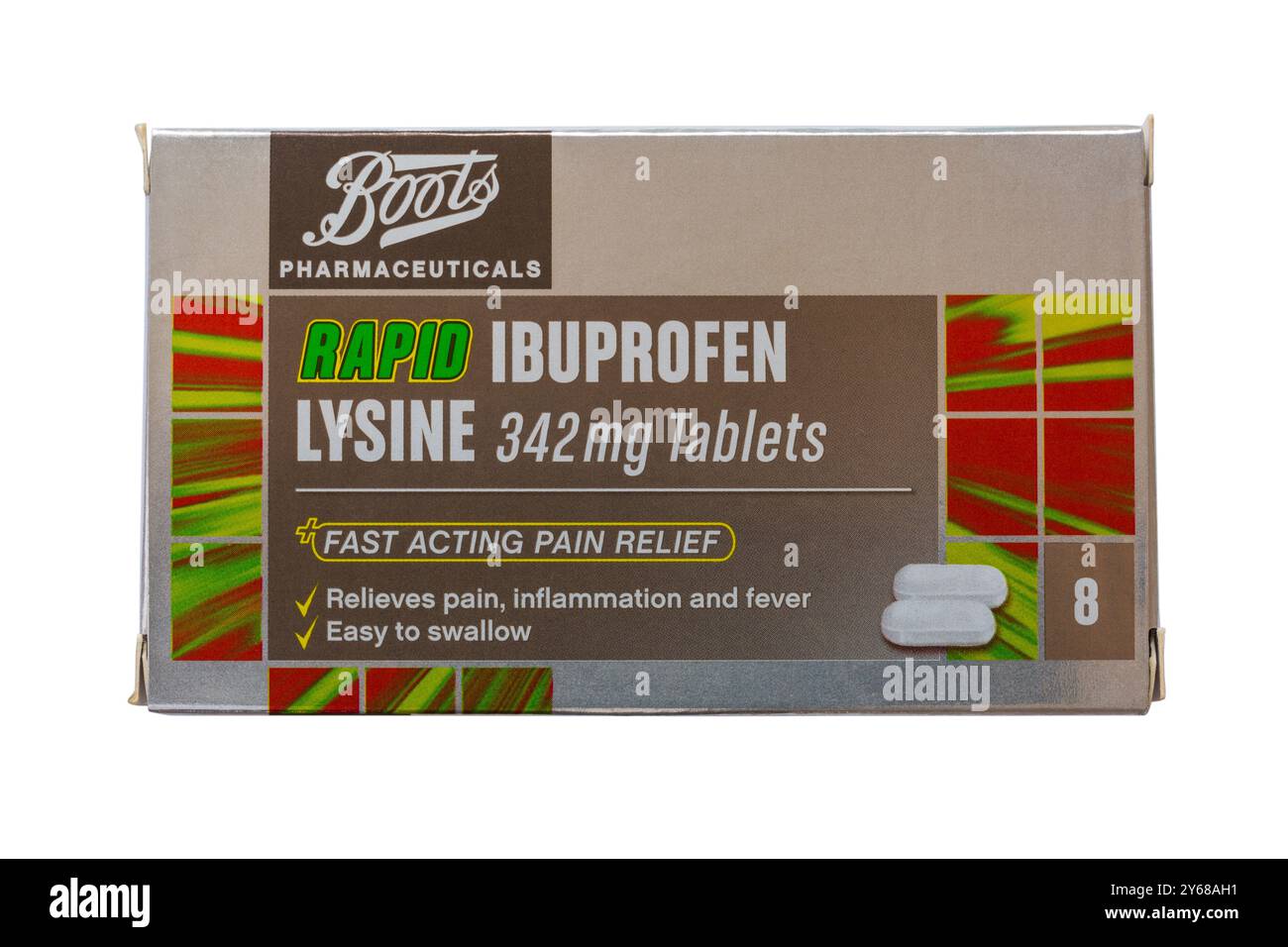 Scatola di Boots Pharmaceuticals Rapid Ibuprofen Lysine 342 mg compresse isolate su sfondo bianco Foto Stock