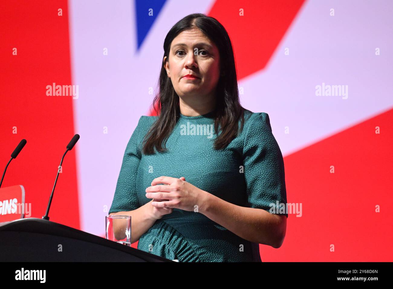 Liverpool, Regno Unito. 24 settembre 2024. Il Segretario di Stato per la cultura, i media e lo sport Lisa Nandy interviene alla Conferenza del Partito Laburista a Liverpool. Il credito fotografico dovrebbe essere: Matt Crossick/Empics/Alamy Live News Foto Stock