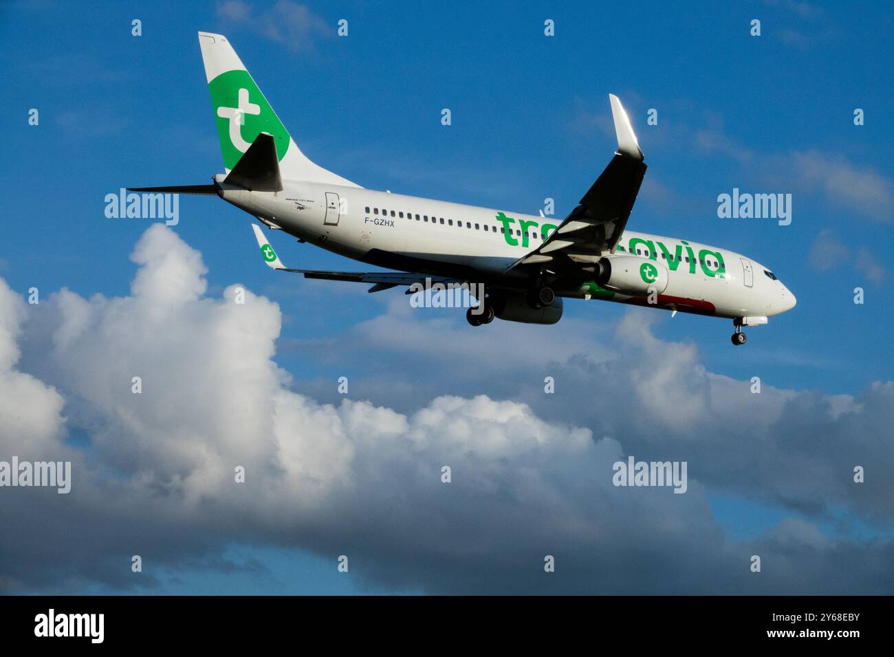 Aereo commerciale passeggeri in volo contro un cielo blu con nuvole Transavia Airlines aereo Boeing 737 Low-Cost Airline No-Frills Foto Stock