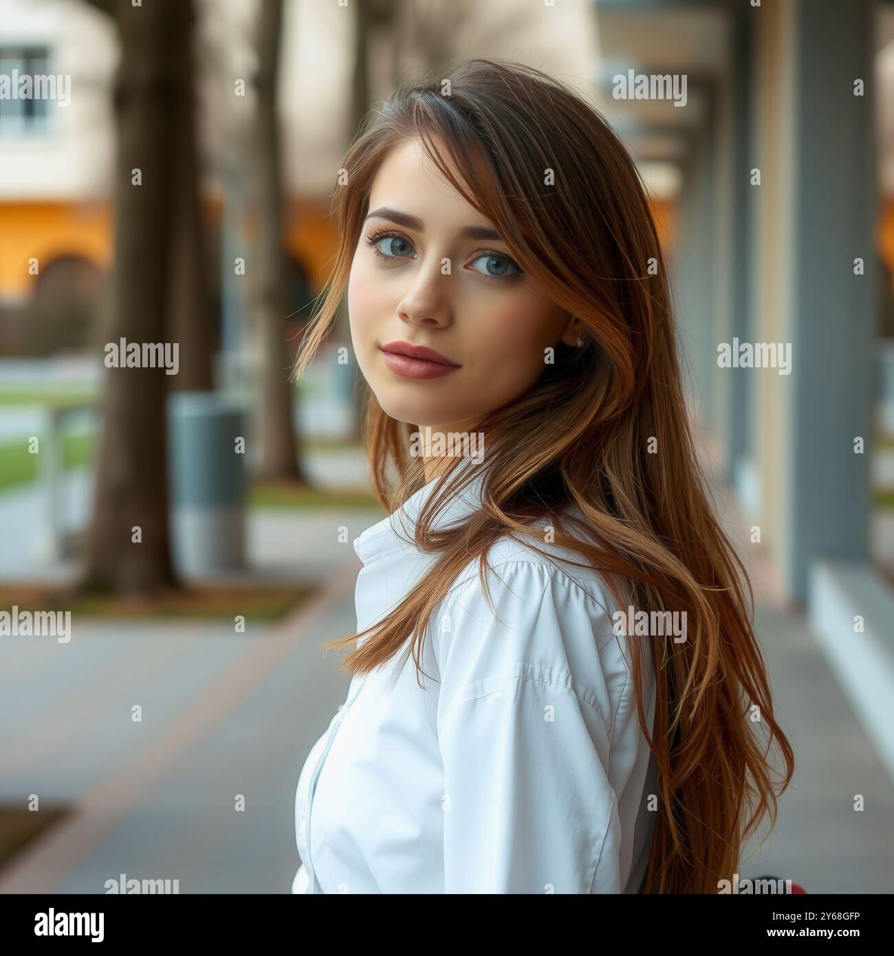 Giovane donna in camicia bianca con colletto e gonna a quadri che cammina nel campus scolastico - Back to School Vibe Foto Stock