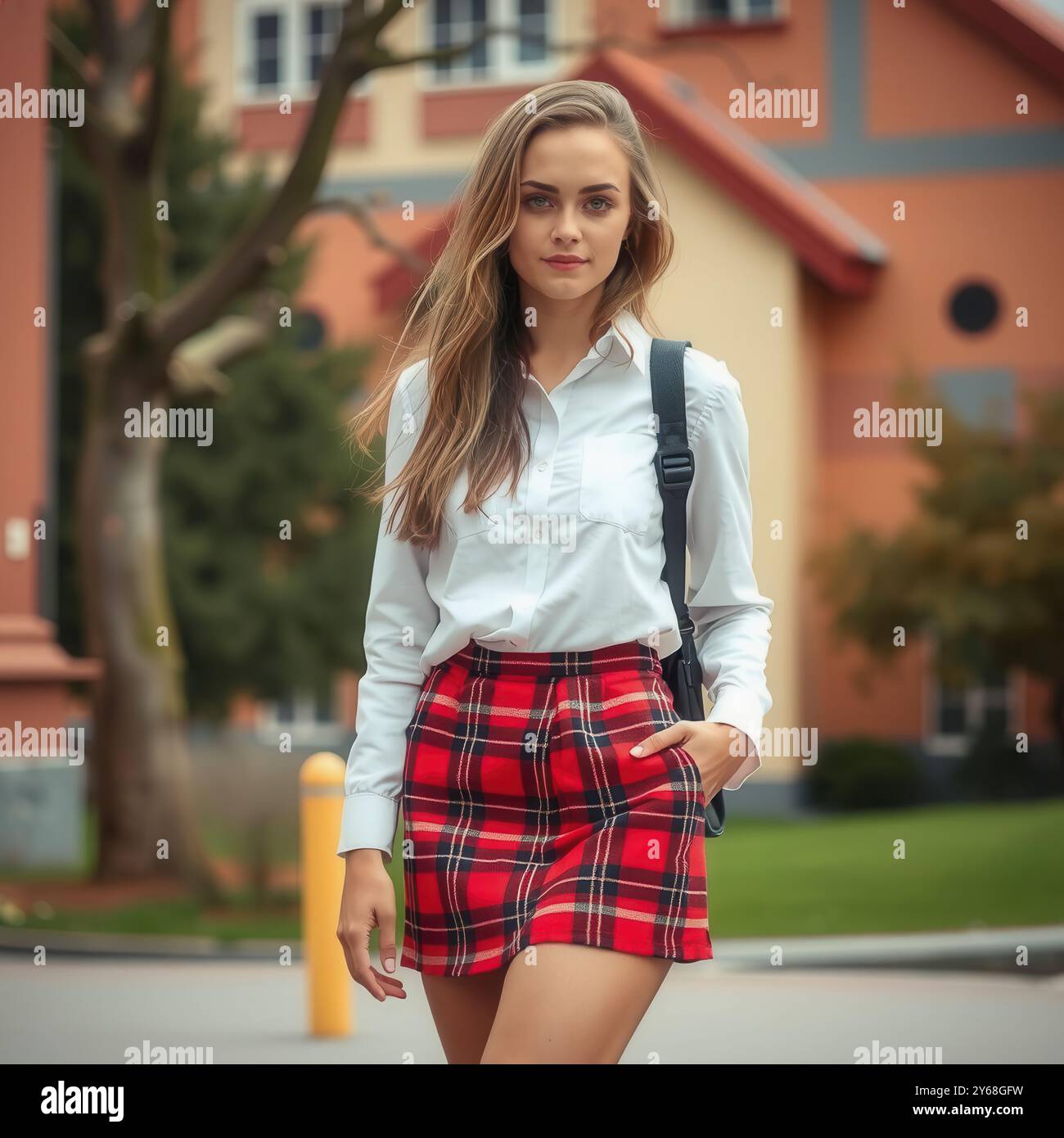 Giovane donna in camicia bianca con colletto e gonna a quadri che cammina nel campus scolastico - Back to School Vibe Foto Stock