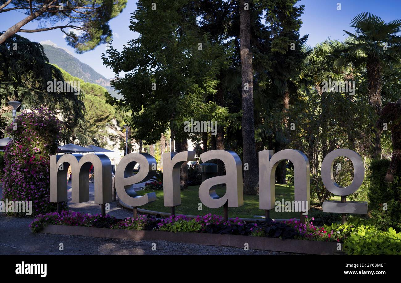 Lettering merano, Promenade, Promenade invernale, Merano, Merano, alto Adige, Provincia Autonoma di Bolzano, Italia, Europa Foto Stock