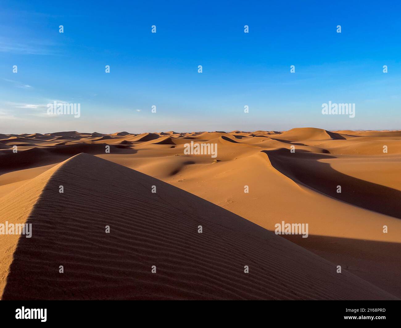 Cresta di dune di sabbia e mare di sabbia, Erg Chegaga, deserto del Sahara, Marocco Foto Stock