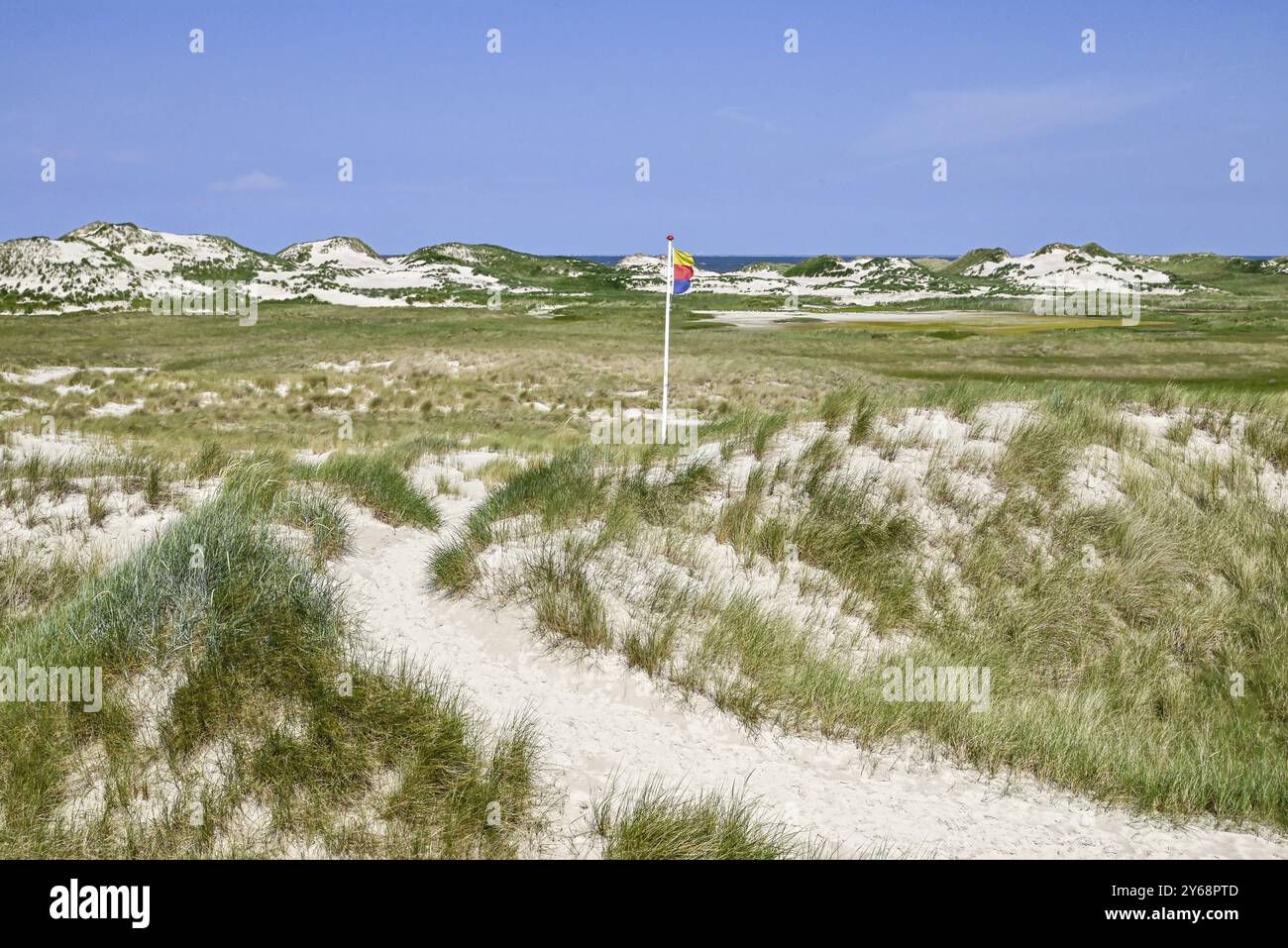 Paesaggio di dune con il Mare del Nord all'orizzonte, Amrum, Frisia settentrionale, Frisia settentrionale, Schleswig-Holstein, Germania, Europa Foto Stock