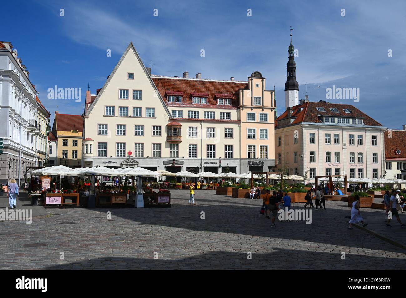 Tallinn, Estonia - 24 luglio 2024: Piazza del Municipio (Raekoda Plats) a Tallinn. Foto Stock