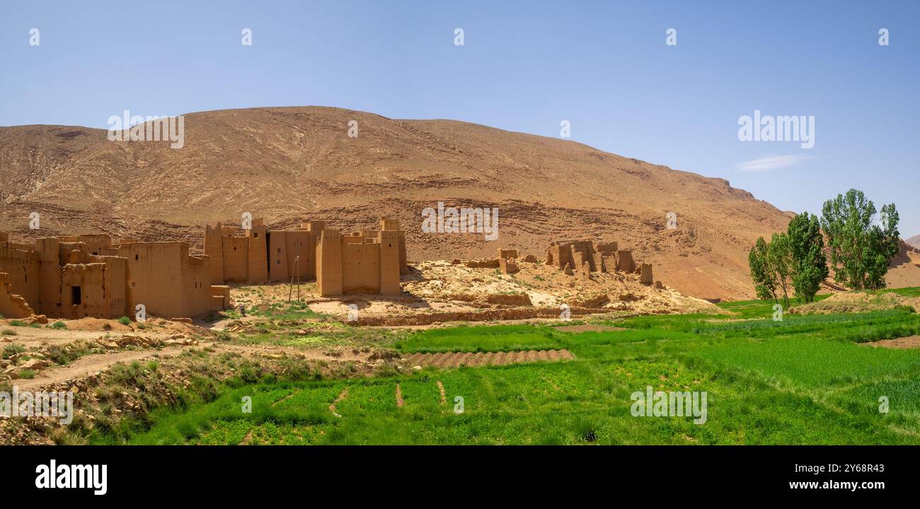 Kasbah di Tamtetoucht e campi di colture verdi sotto le montagne dell'alto Atlante ocra, Marocco Foto Stock