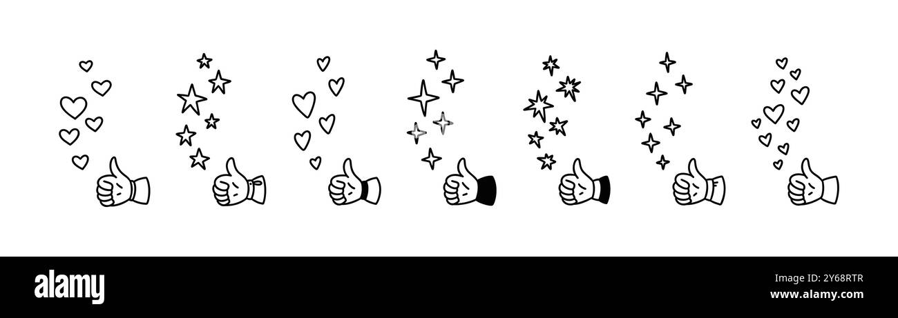 Scrittura manuale in alto come icone impostate. La linea carina fa cadere stelle e cuori. Simbolo di reazione dei social media. Pulsante mi piace. Concetto di condivisione post. Live st Illustrazione Vettoriale