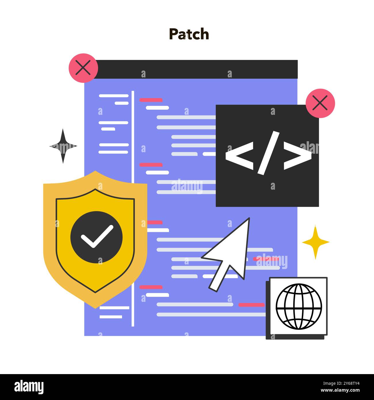 Software patch. Aggiornamenti del sistema operativo che risolvono le vulnerabilità di sicurezza all'interno di un programma. Correzione dei bug relativi alle prestazioni e funzioni di sicurezza migliorate. Illustrazione vettoriale piatta Illustrazione Vettoriale