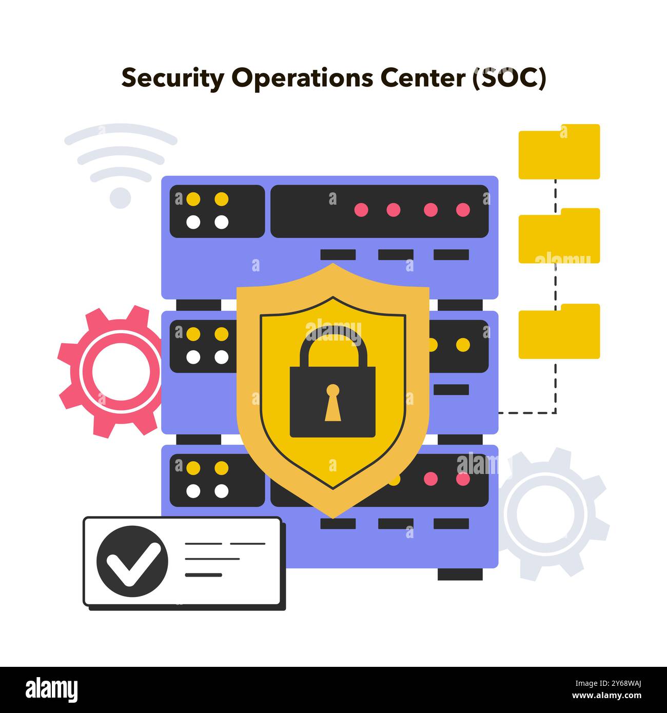 Centro operativo di sicurezza. Protezione dalle minacce informatiche e manutenzione della sicurezza. Monitoraggio della rete di un'organizzazione e indagine di eventuali incidenti di sicurezza. Illustrazione vettoriale piatta Illustrazione Vettoriale