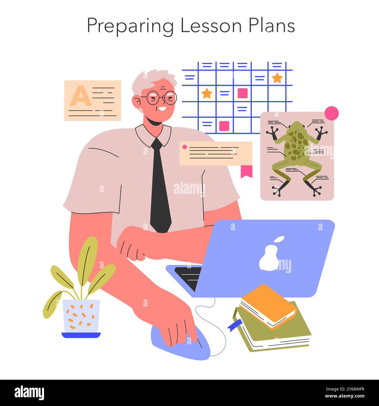 Concetto di professione dell'insegnante. Un educatore dedicato organizza programmi accademici tra ausili didattici e un calendario. Processo di pianificazione dell'istruzione. Illustrazione vettoriale. Illustrazione Vettoriale