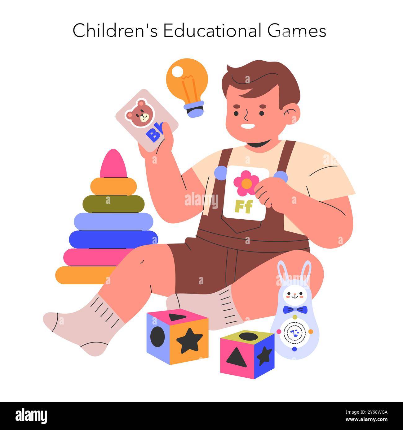 Concetto di giochi educativi. Un bambino gioioso che gioca con giocattoli colorati per l'apprendimento. Sviluppo precoce, miglioramento delle capacità cognitive. Illustrazione vettoriale. Illustrazione Vettoriale