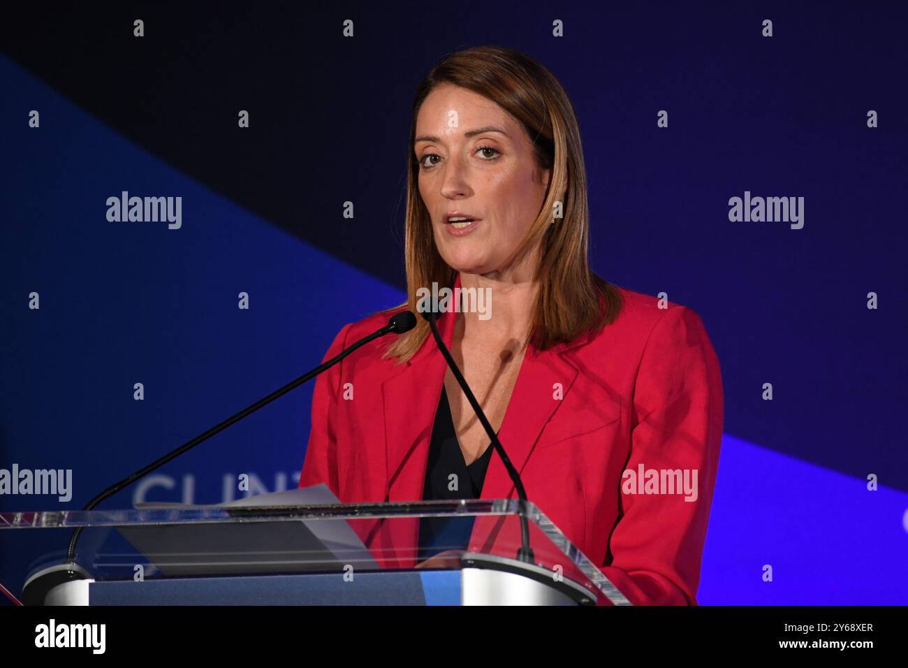 New York, Stati Uniti. 24 settembre 2024. Il presidente del Parlamento europeo, Roberta Metsola, ha partecipato alla riunione Clinton Global Initiative 2024 al New York Hilton Midtown a New York, NY, il 24 settembre 2024. (Foto di Efren Landaos/Sipa USA) credito: SIPA USA/Alamy Live News Foto Stock