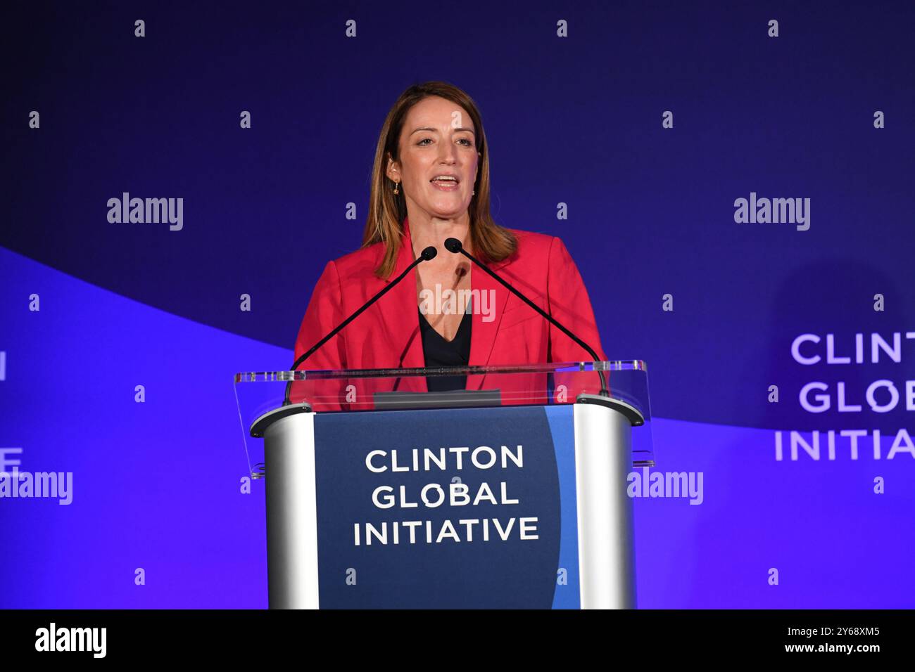 New York, Stati Uniti. 24 settembre 2024. Il presidente del Parlamento europeo, Roberta Metsola, ha partecipato alla riunione Clinton Global Initiative 2024 al New York Hilton Midtown a New York, NY, il 24 settembre 2024. (Foto di Efren Landaos/Sipa USA) credito: SIPA USA/Alamy Live News Foto Stock