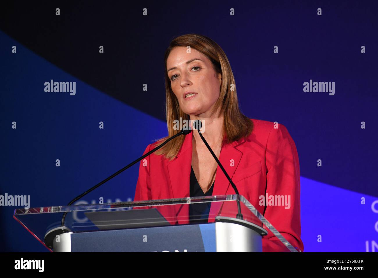 New York, Stati Uniti. 24 settembre 2024. Il presidente del Parlamento europeo, Roberta Metsola, ha partecipato alla riunione Clinton Global Initiative 2024 al New York Hilton Midtown a New York, NY, il 24 settembre 2024. (Foto di Efren Landaos/Sipa USA) credito: SIPA USA/Alamy Live News Foto Stock