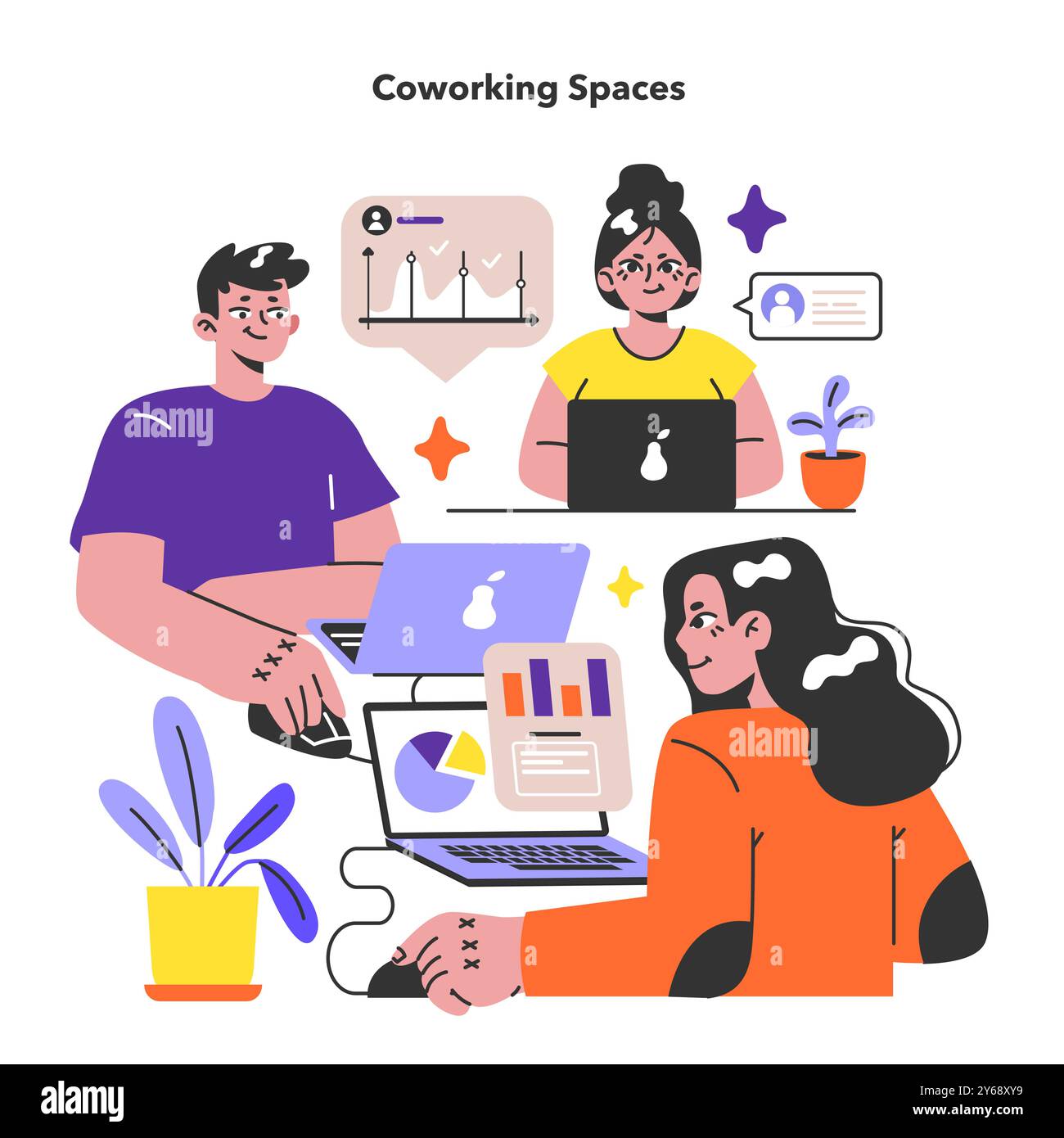 Spazio di coworking. Ambiente di lavoro condiviso. I personaggi che lavorano ai computer negli spazi open space. Freelance con notebook. Illustrazione vettoriale piatta Illustrazione Vettoriale